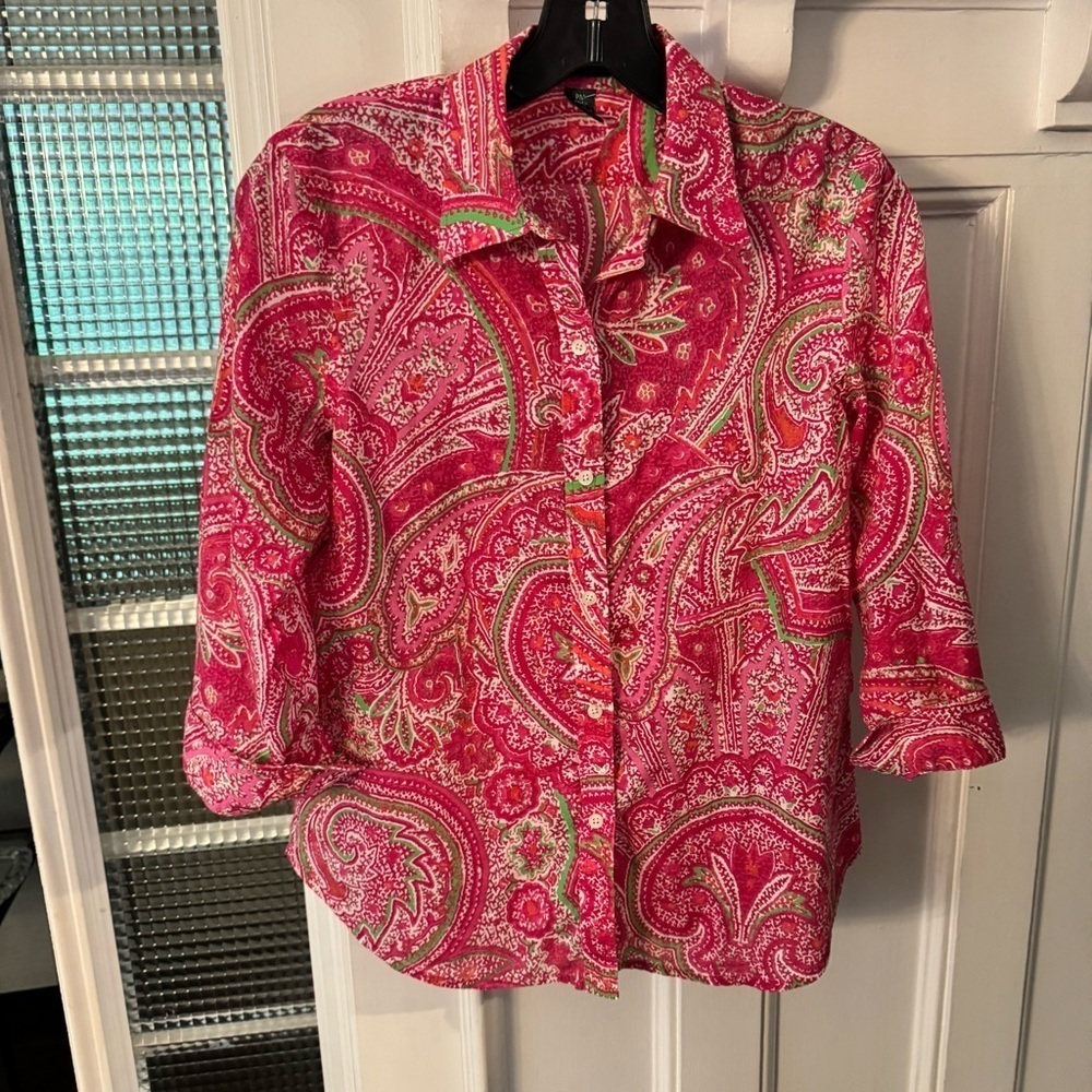 Lauren Ralph Lauren Women’s button Up Top Blouse Pink paisley 3/4 Sleeve Sz M/P - Picture 2 of 8
